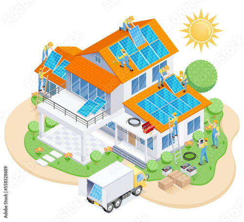Solar cell power system diagram. Vector illustrations.