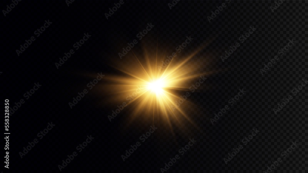 Golden particles of light. Golden light. Light flare.Stars isolated on transparent background.