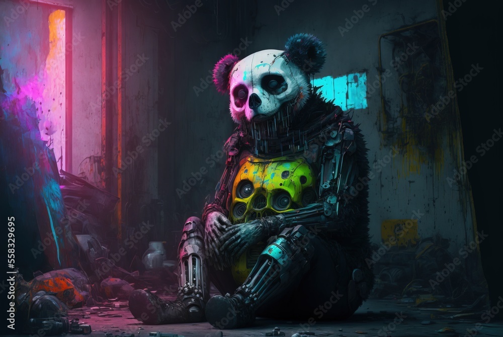 Mechanical robotic cyberpunk zombie panda bear sitting alone in the slum area of a dead and abandoned city - Generative AI illustration.