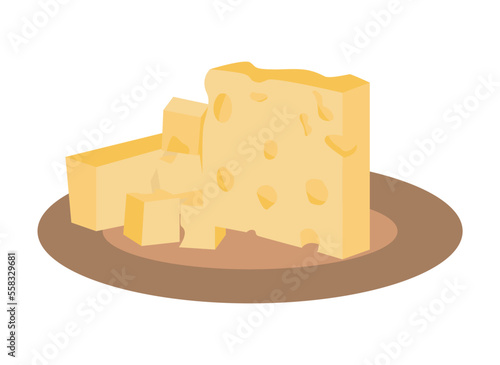 Yellow hard cheese with holes and cut square pieces on plate. Dairy products. Vector illustration isolated design