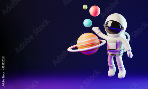 illustrazione di astronauta vicino a pianeti come saturno nello spazio con copy space, stile cartone animato 3 d render creato con intelligenza artificiale, AI photo