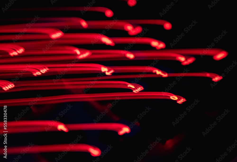 Obraz premium Light painting keyboard letters and numbers. Beautiful colorful background. Long exposure light painting, different color curved lines in vibrant neon on black background. Glowing neon line background