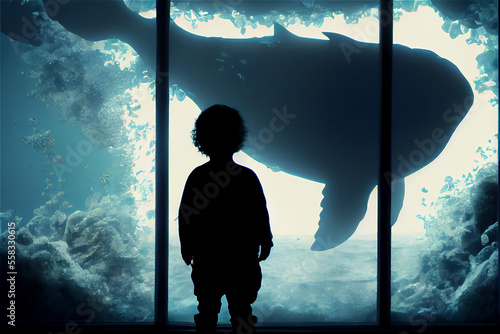 A kid looking at a big fish in a huge aquarium, generative AI