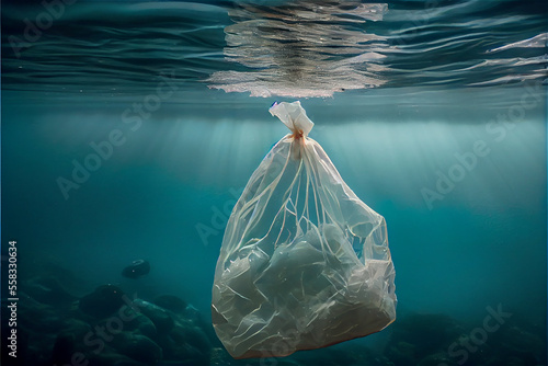 a trash bag being tossed in the ocean, high impact image related to pollution issues, generative AI