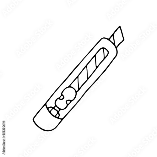 Stationery knife. A versatile, simple, handy tool. Used for cutting paper, cardboard. Doodle. Vector illustration. Hand drawn. Outline.