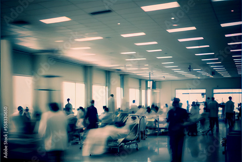 Blurry hospital scene, ideal for healthcare backgrounds with lots of copy space, generative AI