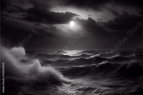 black and white seascape, ideal for marine backgrounds with lots of copy space, generative AI