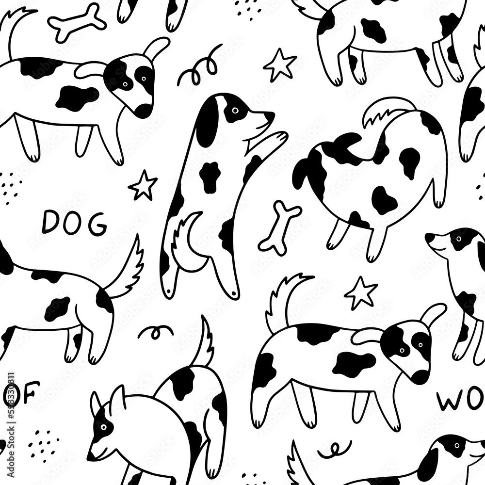 Scandinavian seamless pattern with doodle dogs. vector background. 