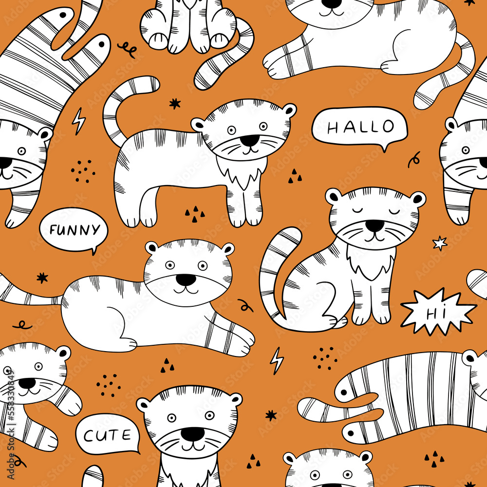 Fototapeta premium Cartoon tiger in doodle style on the orange background. Vector background. 