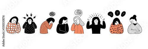  A set of a girl experiencing different emotions such as fear, sadness, depression, and stress. Vector illustration. 