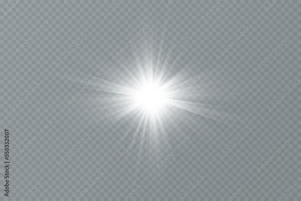 White sparkles.Bright star.Glow burst.Rays of the sun on a transparent background.