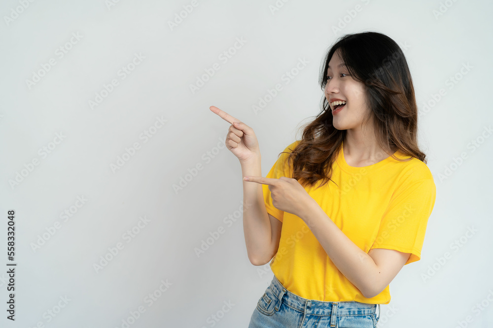 Asian long hair black beautiful woman feeling very happy Excited hand gesture and amazed. Studio portrait isolated on white background. Asian long hair black beautiful woman feeling very happy Excited hand gesture and amazed. Studio portrait isolated on white background.