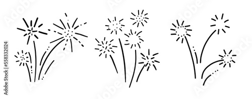Vector fireworks illustration isolated on white in doodle comic scribble sketch style bullet journal. Holiday sparkling burst party in the sky.