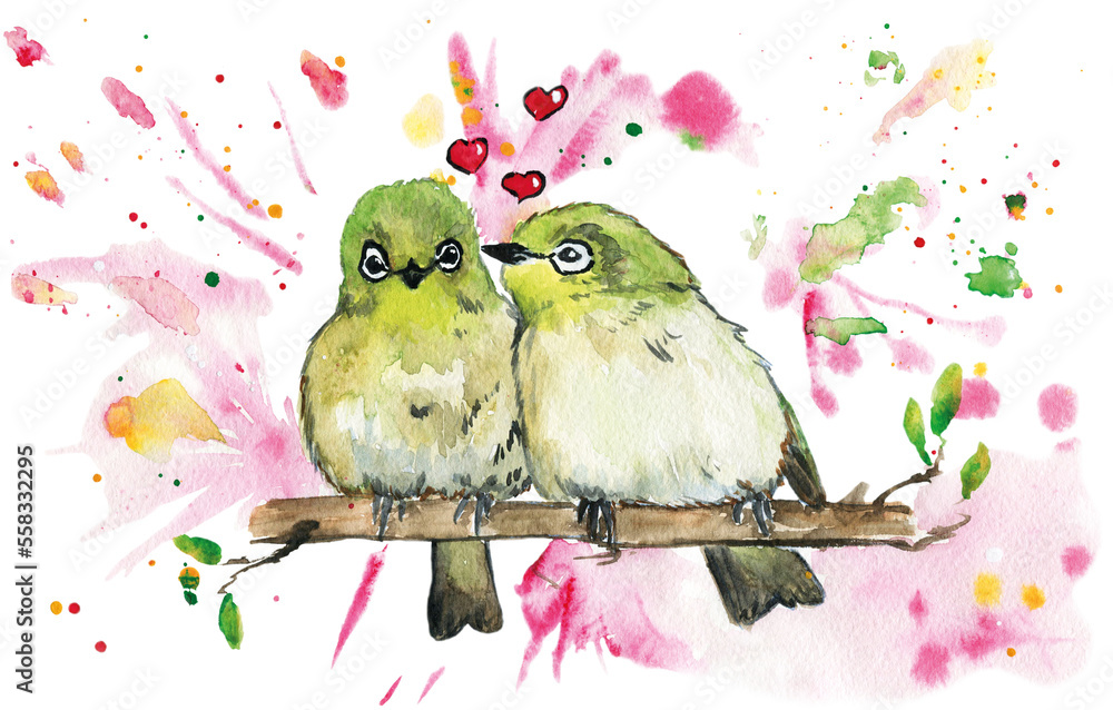 Hand drawn watercolor illustration with cute love birds on a branch. Birds on the background of abstract spots. Valentine day print for postcards, posters, etc.