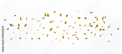 Gold confetti falls for party background. Festive glossy abstract particles for wallpaper