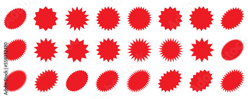 Sunburst promotion tag, bursting sticker promo badges, starburst speech bubbles. Explosion star button vector illustration.