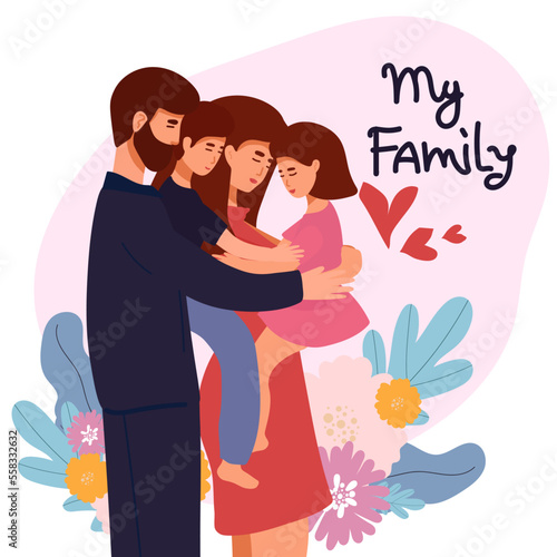 vector illustration of a happy family, mother father daughter son holding hands and hugging, complete prosperous family vector.