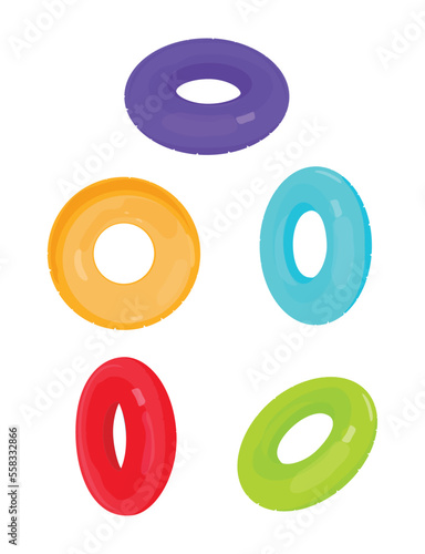 Colorful inflatable rings. Isolated rubber ring wheel, pool toys swim sea balloons  circle lifebuoy for floater swimming buoy tube summer