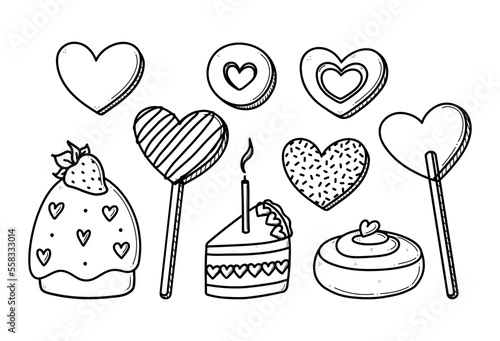 Hand drawn heart shaped valentines set of romantic sweets vector illustration. Cute cupcake, cookies, lollipop, cinnamon roll doodles collection for anniversary and wedding.