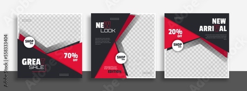 Set of Editable minimal square banner template. black red white background color with geometric shapes for social media post and web internet ads. Vector illustration