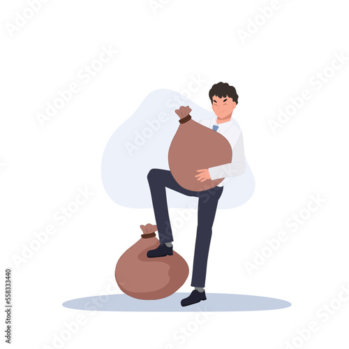 Financial statements concept. Businessman is picking up heavy money bags. Flat vector cartoon illustration