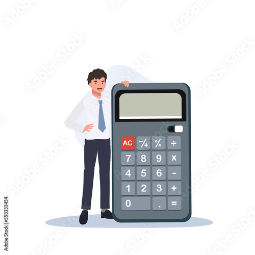 Financial statements analysis concept. Businessman with big calculator. Flat vector cartoon illustration