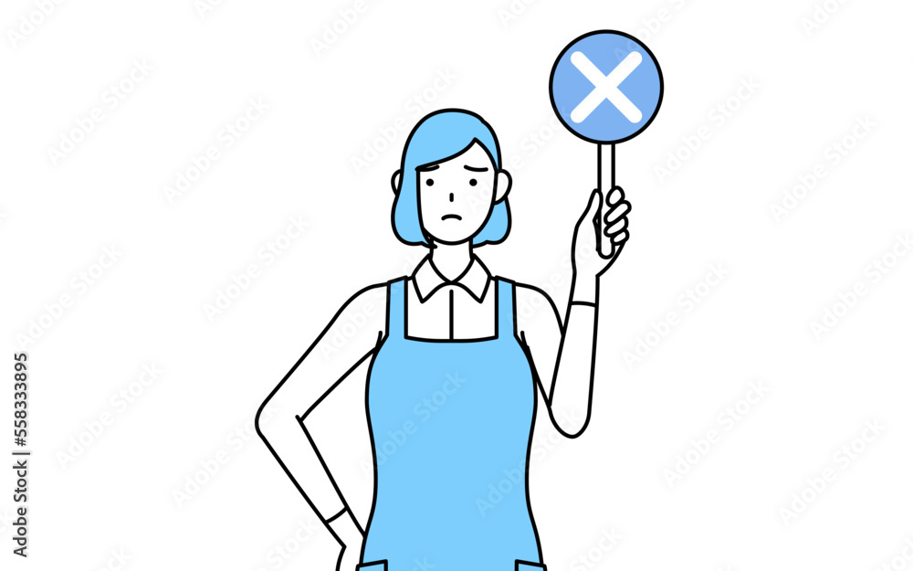 不正解を示すバツの棒を持つエプロンを着た女性