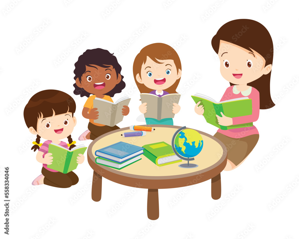 Happy Children reading book Back to School Concept kids and book