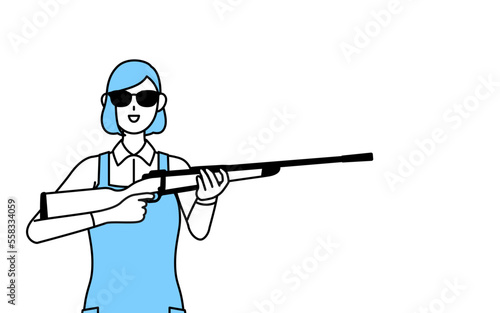 サングラスをかけてライフル銃を持つエプロンを着た女性