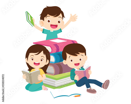 Happy Children reading book Back to School Concept kids and book