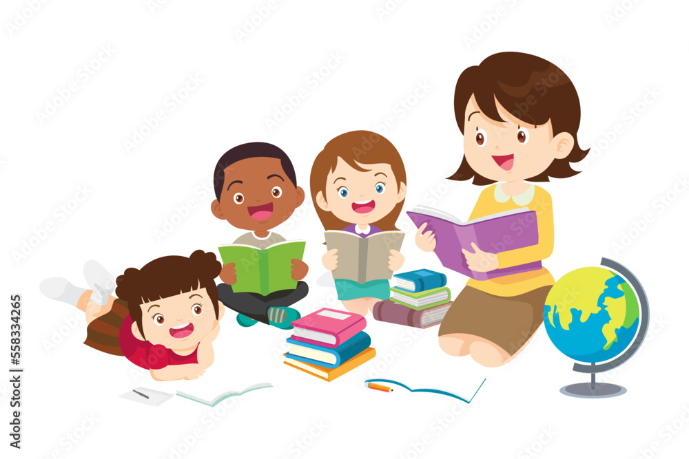 Happy Children reading book Back to School Concept kids and book