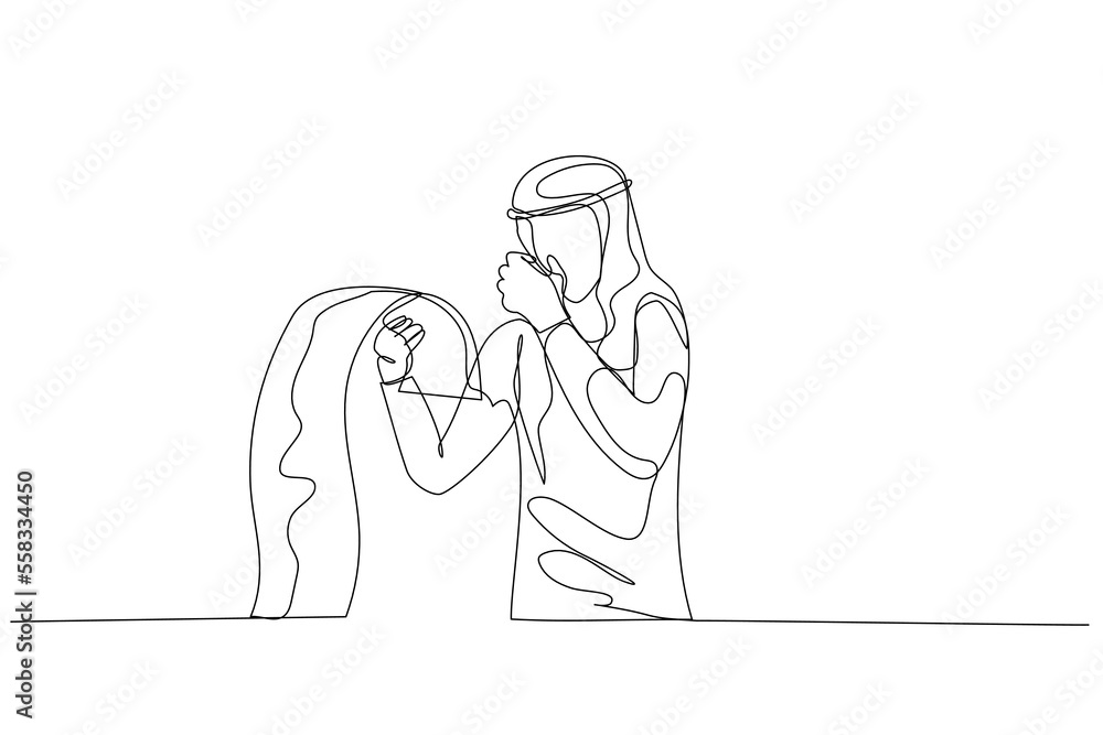 Fototapeta premium Drawing of arab man holding long list of bills stressed because of debt. Single continuous line art style
