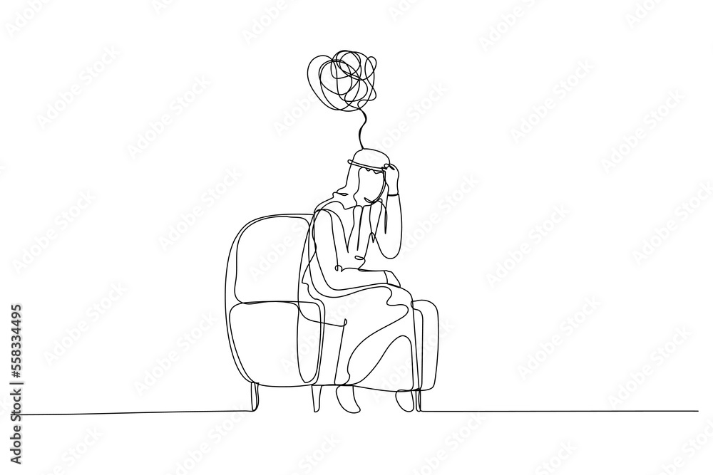 Cartoon of arab man depressed and overthinking because of bankruptcy and loss. Single continuous line art style