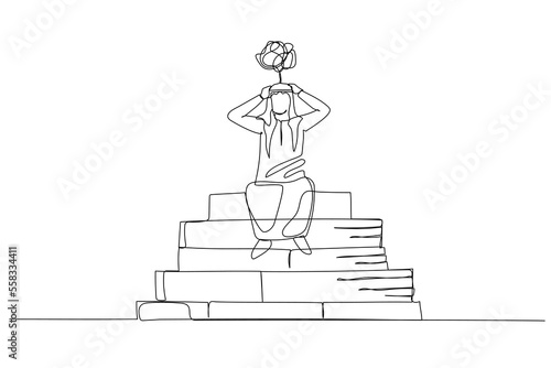 Illustration of arab man stressed because of paperwork. One continuous line art style