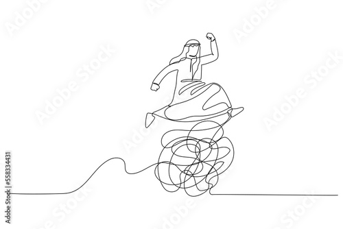 Cartoon of arab man jumping over messy line metaphor of overcoming trouble and difficulty. Single line art style