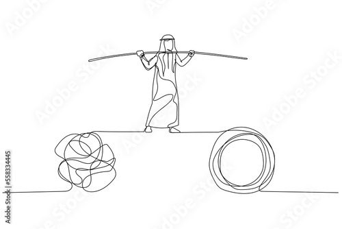 Cartoon of arab man walk on tight rope balancing between problem. One line art style