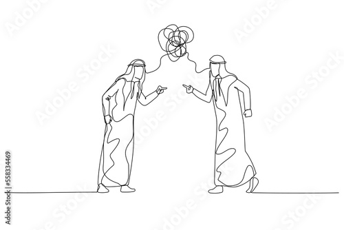 Drawing of arab man and colleague debating arguing concept of conflict. Single continuous line art