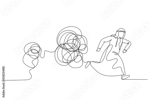 Illustration of arab man running away from tangled line ball concept of avoid problem. One continuous line art style