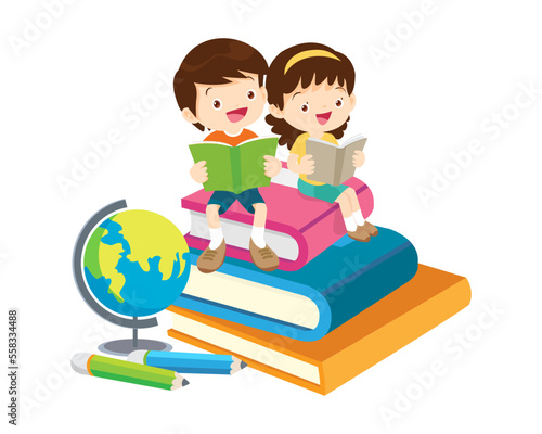 Happy Children reading book Back to School Concept kids and book