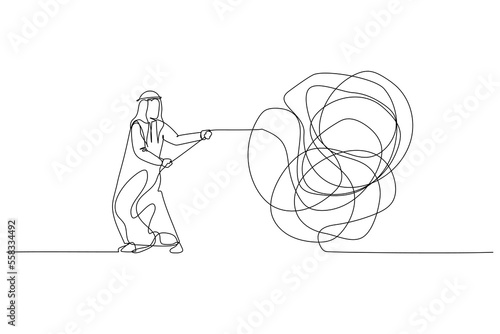 Drawing of arab man try to unraveling tangled rope concept of solution and problem solving. Single line art style