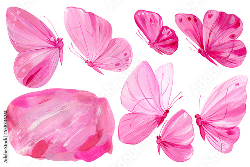 Bright pink butterflies set on isolated white background, acrylic painting, butterfly art © Hanna