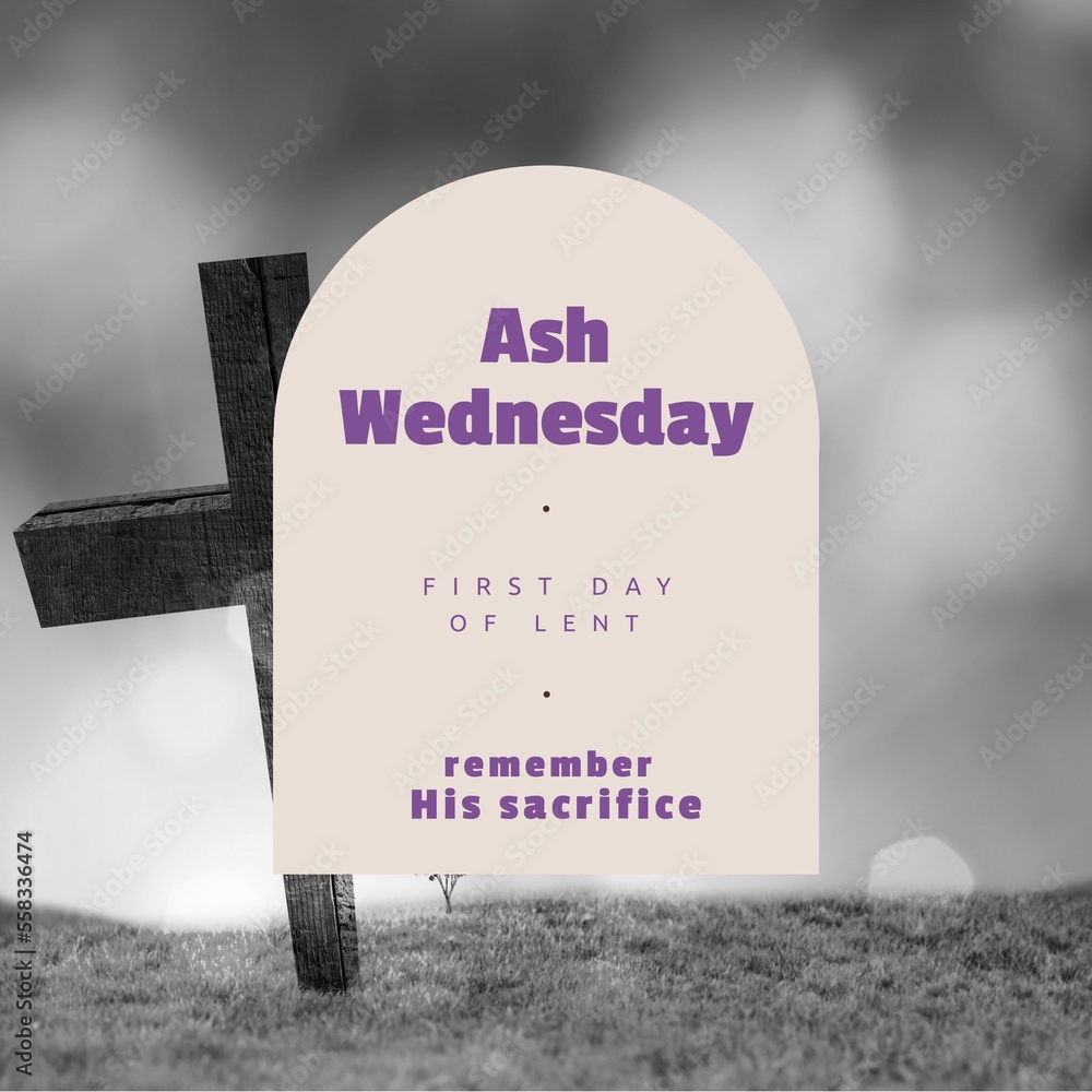Fototapeta premium Ash wednesday, first day of lent, remember his sacrifice text in arch with cross on grassy land