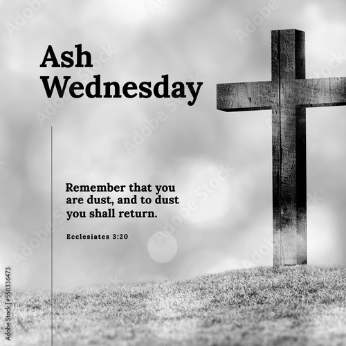 Cross on land with ash wednesday, remember that you are dust, and to dust you shall return text