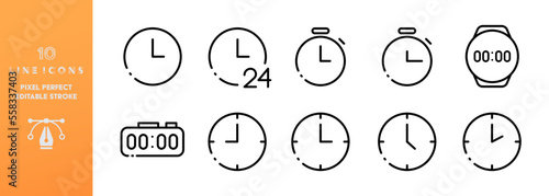 Clock line icons set. Editable stroke, timer, stopwatch, deadline, around the clock, support, speed, competition, wrist, wall. Time concept. Vector black line icons set