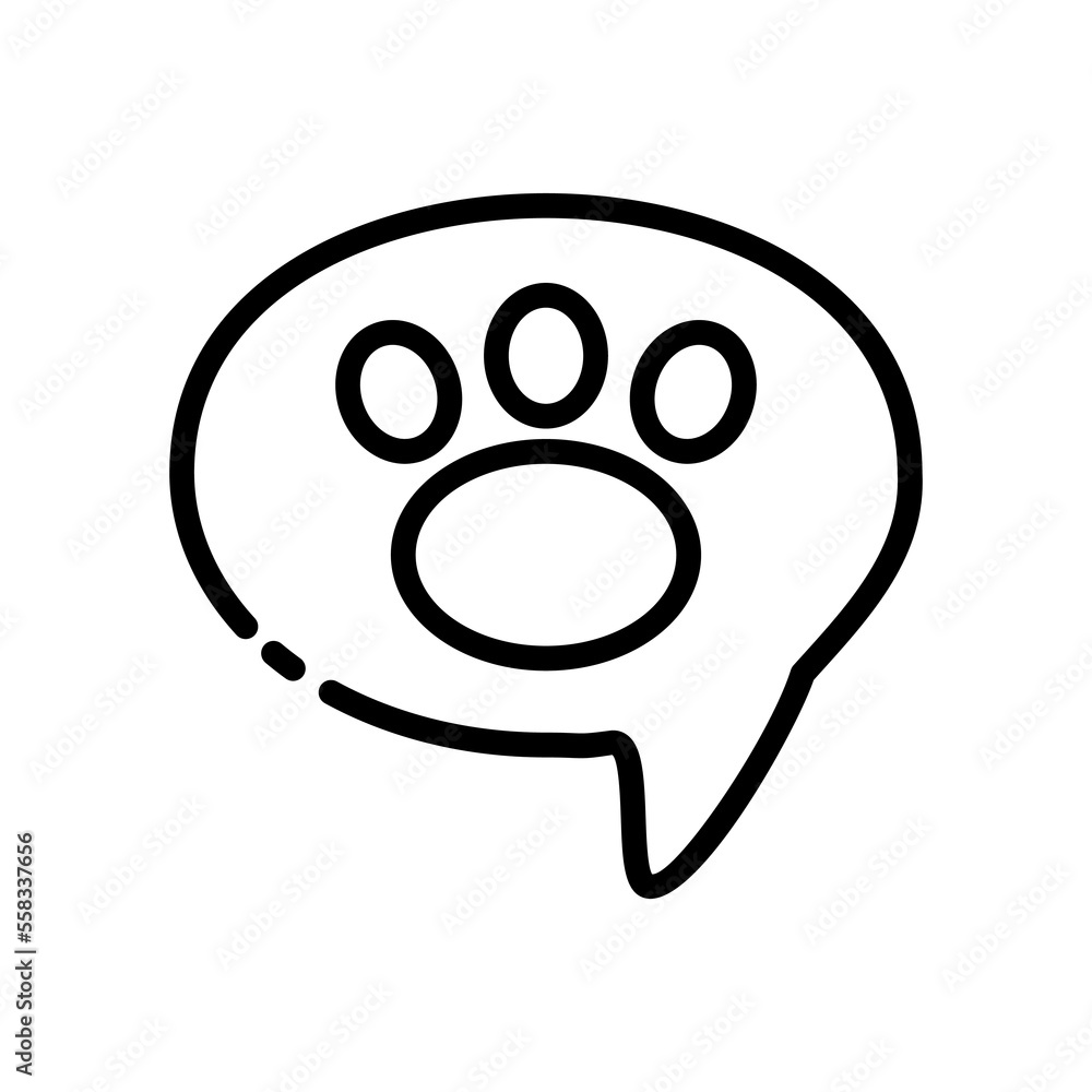 Speech bubble line icon. Paw, pets, communication, chat, exclamation point, callout, notification, reaction. communication concept. Vector black line icon on white background Speech bubble line icon. Paw, pets, communication, chat, exclamation point, callout, notification, reaction. communication concept. Vector black line icon on white background