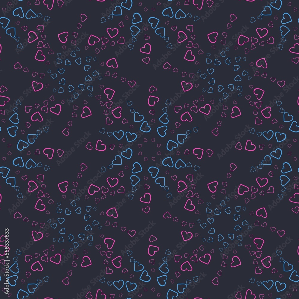 Seamless pattern of pink and blue hearts flowers on a dark background. Print with hearts in kaleidoscopic ornamental style.