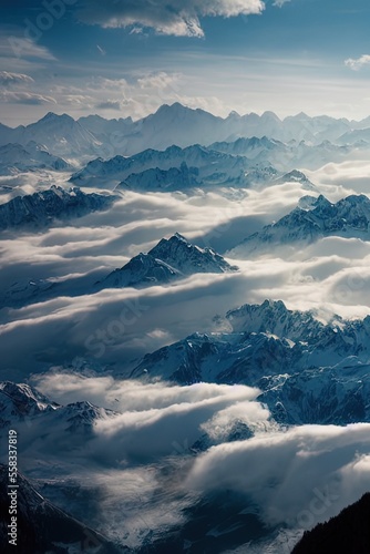 Mountaintops above clouds. Aerial view. 3d illustration.
