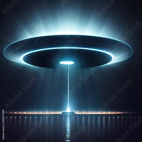 UFO beaming laser light on surface. Abstract background. © Nektarstock