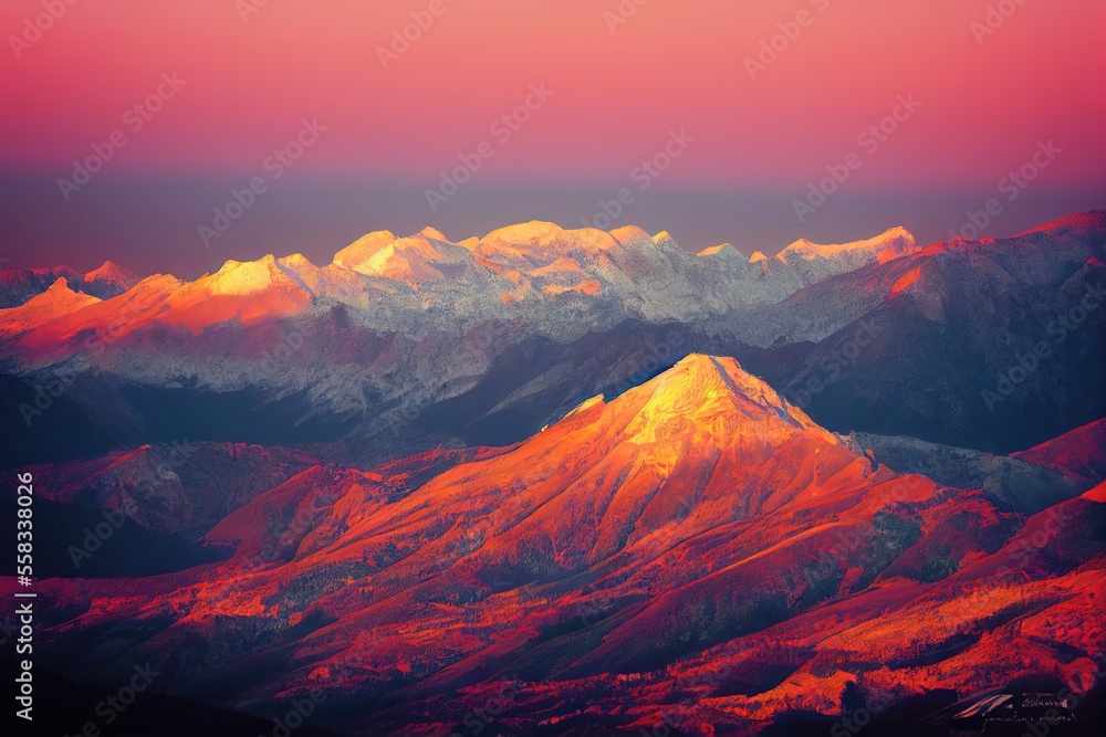 Picturesque mountainous landscape with horizon at dusk
