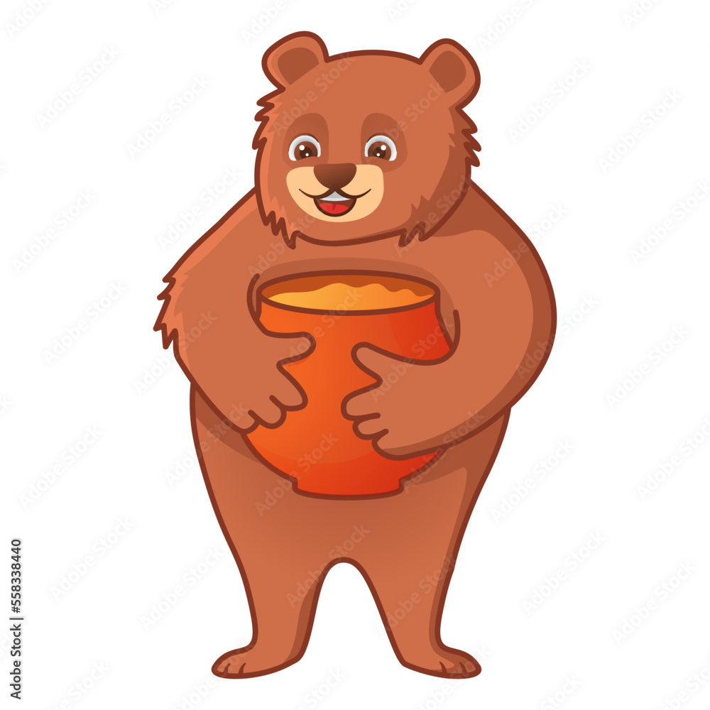 Cute bear holding a honey jar. Funny teddy bear with honey pot.Bear hugging a jar of honey. Isolated on white background.Character cartoon vector illustration. Cute bear holding a honey jar. Funny teddy bear with honey pot.Bear hugging a jar of honey. Isolated on white background.Character cartoon vector illustration.